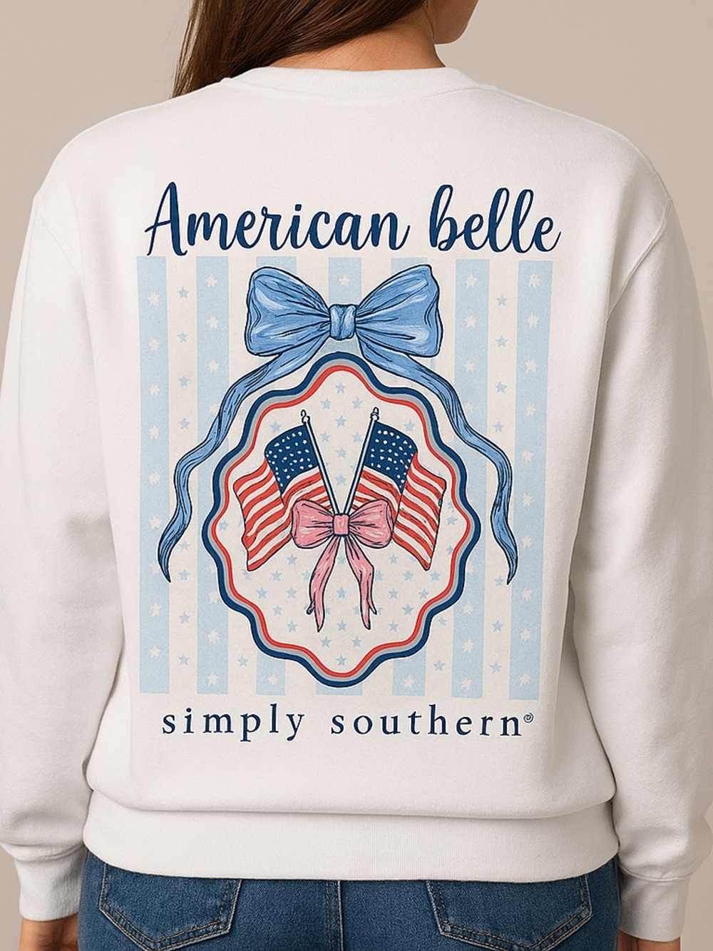 Simply Southern White Sweatshirt with Blue and Pink Patriotic American Belle M-L